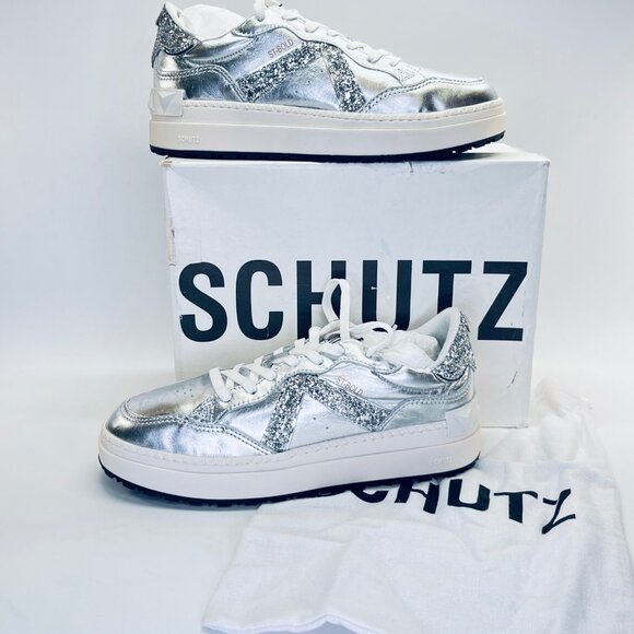 Schutz St Bold Metallic Leather Platform Sneaker Size 10B Silver Glitter - Picture 1 of 16